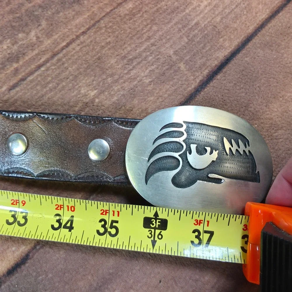 Leather Belt Men Small Brown Good Bear Paw Buckle Scalloped Edge